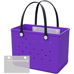 X-Large Rubber Tote Beach Bag with Inner Pocket, Washable Durable Pool Handbag, Lightweight, Waterproof Sandproof (Purple, X-Large)