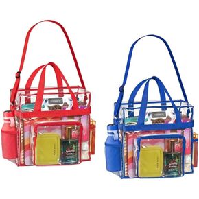 Masirs Stadium Approved Clear Tote Bag Set – Includes Red and Blue Bags – Transparent Bags with Mesh Pockets, Shoulder Straps, and Zippered Top – Perfect for Work, Concerts, Sports Games, and Travel –
