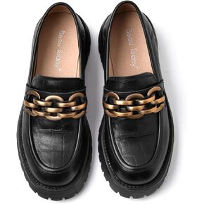 BEAU TODAY Chunky Loafers Women,Leather Platform Loafers for Women,Lug Sole Slip On Chain Shoes,Comfortable Work Office Business Casual Office Dress Shoes