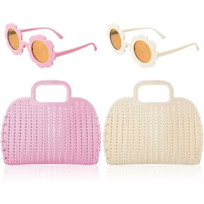 4 PCS Kids Girls Women Blastic Tote Acags - Jelly Pres Beach Bag - 2 PCS Flower Glasses - سلة هدايا قابلة لإعادة الاستخدام لرحلة التسوق الشاطئية الصيفية
