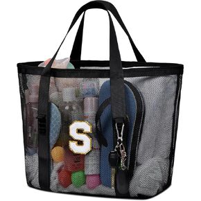 Nidoul Mesh Beach Bag Large Initial Tote Bags Reusable Grocery Bags Foldable for Women Pool Swim Travel Vacation Essentials