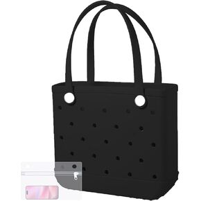 X-Large Rubber Beach Bag Tote Waterproof Tote Bag with Zipper Pocket Modern Travel Tote Bag Sports Beach (Black, Large)