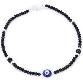 925 Silver Evil Eye Nazariya Anklet مع حبات كريستال سوداء وفضية للنساء - قطعة واحدة