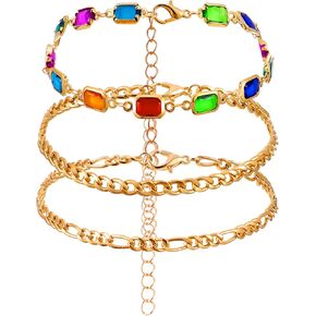 Gold Ankle Bracelets for Women, 14K Gold Plated Anklets for Women Waterproof Cuban Link Chain Anklets Set, Layered Anklet Bracelets Beach Gift Adjustable Size