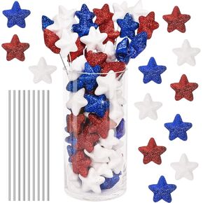 60 Glitter Foam 4th of July Vase Fillers and 20 Sticks Red Blue White Stars Decorations for Patriotic Independence Day DIY Craft Centerpiece Bowl Filler Vase Ornaments Table Decoration Home Decor
