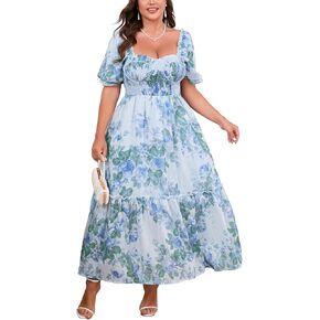 Women's Plus Size Floral Maxi Dress Puff Sleeves Cottagecore Corset Dresses Flowy Smocked Formal Casual Party Wear
