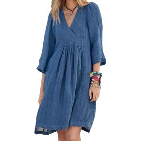 Summer Dress for Women Casual 3/4 Short Sleeve Baggy Smock Tunic Knee Length Midi Dress Boho Dress with Pocket