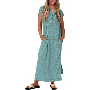 KIRUNDO Womens Summer Dresses Ribbed Knit Henley Short Sleeve Maxi Dress Button Up Loose Slit Beach Vacation Sundress