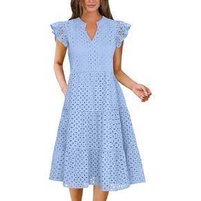 ANRABESS Womens 2025 Summer Midi Dress Hollow Out Eyelet Ruffle Sleeve V Neck Casual Flowy Tiered Beach Vacation Sundress