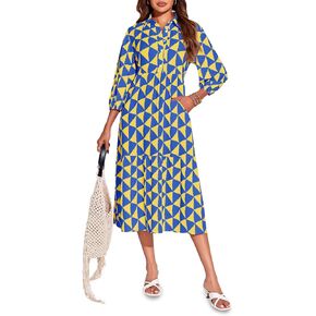 Wenrine Womens Boho Midi Dress Long Sleeve Casual Color Block Beach Button Down Shirt Dress