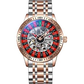 Mastop Roulette Wheel Men's Watches Automatic Mechanical Watch للرجال يتأرجحون قرصًا دوريًا تصميم هيكل عظمي مجوف الساعات