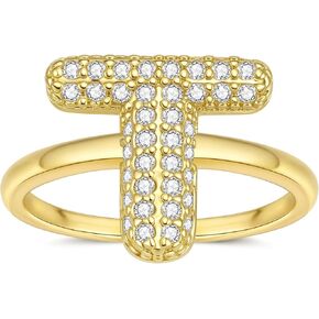 Initial Ring for Women - Gold Rings with 26 Letters - Sparkling Cubic Zirconia Letter Ring - Adjustable Size 5-9 Open Cuff Stackable Ring