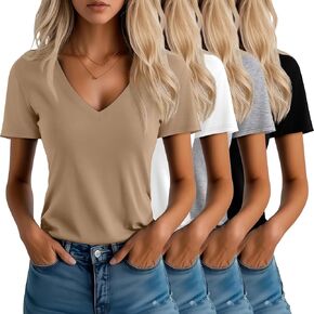 Neer 4 Pack Women's V Neck T-Shirts Summer Short Sleeve Casual Tops Loose Fit Flat Hem Basic Tees