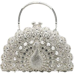 Women Peacock Crystal Clutch Purse Sparkling Rhinestone Handbag Ladies Luxury Evening Bag Wedding Party Purse, Silver
