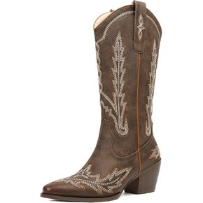 Women Mid Calf High Cowboy Boots Cowgirl Boots, Western Country Embroidery Stitching, Low-Heel Sexy Fashion, Round Toe Side Zippers Chunky Heel Pull On Stretchy Brown