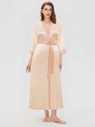 PRODESIGN Kimono Robes for Women - Houndstooth Satin Sleepwear Silky Nightgown Bathrobe Dressing Gown Blouse Cardigan Robe in Kuwait