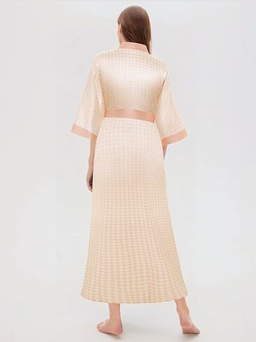 PRODESIGN Kimono Robes for Women - Houndstooth Satin Sleepwear Silky Nightgown Bathrobe Dressing Gown Blouse Cardigan Robe in Kuwait