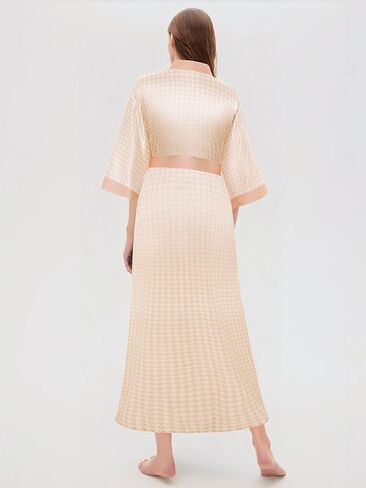 PRODESIGN Kimono Robes for Women - Houndstooth Satin Sleepwear Silky Nightgown Bathrobe Dressing Gown Blouse Cardigan Robe in Kuwait