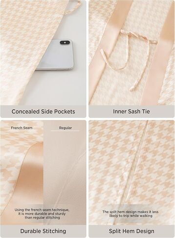 PRODESIGN Kimono Robes for Women - Houndstooth Satin Sleepwear Silky Nightgown Bathrobe Dressing Gown Blouse Cardigan Robe in Kuwait