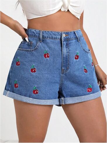 Makemechic Women's Plus Size Shorts Cherry Embroidery Wide Summer Jean Shorts in Kuwait
