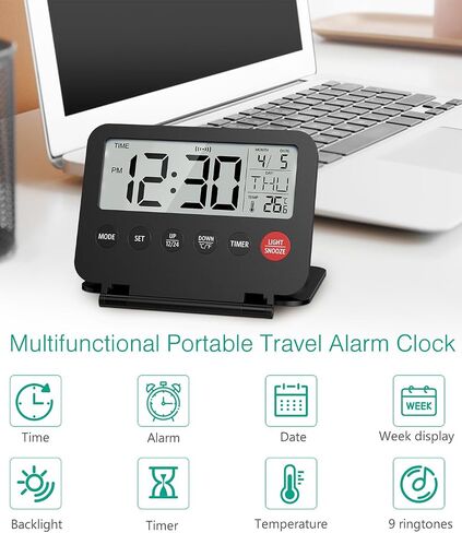 ORIA Digital Travel Alarm Clock, Small Foldable Alarm Clock, Battery Operated LCD Desk Clock, Simple Operation Calendar Clock with Backlight, Date, Temp, Snooze, for Travel Business Trip Home in Saudi Arabia