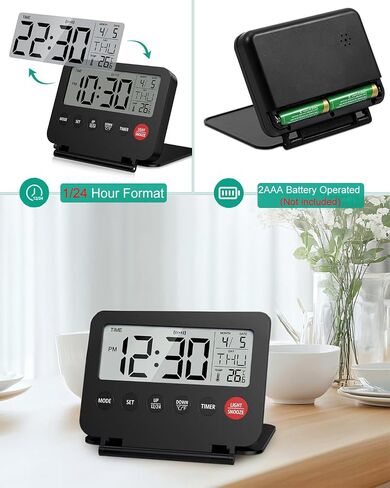ORIA Digital Travel Alarm Clock, Small Foldable Alarm Clock, Battery Operated LCD Desk Clock, Simple Operation Calendar Clock with Backlight, Date, Temp, Snooze, for Travel Business Trip Home in Saudi Arabia