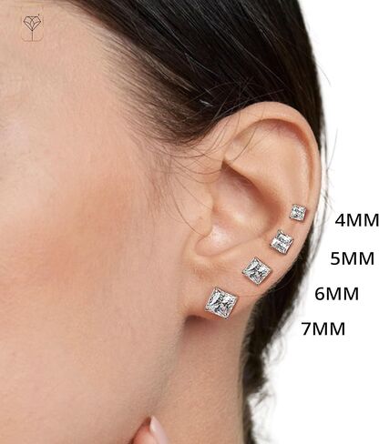14K Gold Princess Cut CZ Stud Earrings for Women & Men | Cubic Zirconia Earrings Studs | 4MM-7MM CZ Gold Earrings by MAX + STONE in Kuwait