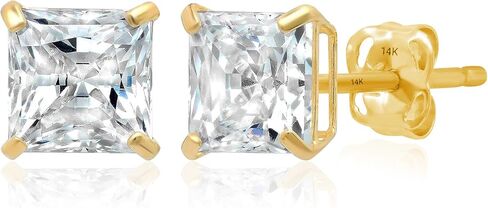 14K Gold Princess Cut CZ Stud Earrings for Women & Men | Cubic Zirconia Earrings Studs | 4MM-7MM CZ Gold Earrings by MAX + STONE in Kuwait