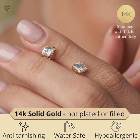 14K Gold Princess Cut CZ Stud Earrings for Women & Men | Cubic Zirconia Earrings Studs | 4MM-7MM CZ Gold Earrings by MAX + STONE in Kuwait