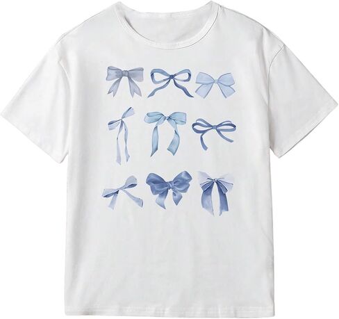 OYOANGLE Girl's Bow Graphic Print Tee Shirt Crew Neck Short Sleeve Cute Casual Tee Tops in Saudi Arabia