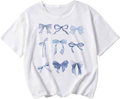 OYOANGLE Girl's Bow Graphic Print Tee Shirt Crew Neck Short Sleeve Cute Casual Tee Tops in Saudi Arabia