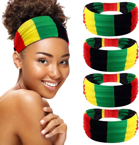 Hoteam 4 Pcs Juneteenth Headbands African Jamaica Rasta Juneteenth Knotted Elastic Headband Red Black Green African Turban for Wicking Exercise Fitness Running Party Parade(Red Yellow Green Black) in Saudi Arabia