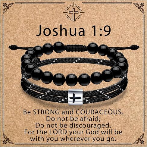 J.Endéar Men's Cross Obsidian Bead Bracelet Set, Handmade Adjustable Rope Bracelets for Baptism, Birthday Christian Religious Gifts Jewelry for Him(7"-9") in Saudi Arabia