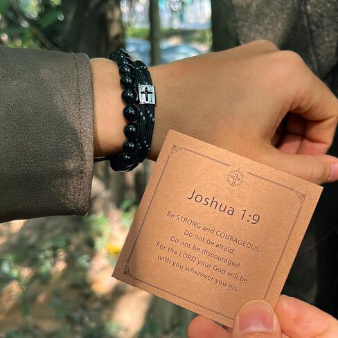 J.Endéar Men's Cross Obsidian Bead Bracelet Set, Handmade Adjustable Rope Bracelets for Baptism, Birthday Christian Religious Gifts Jewelry for Him(7"-9") in Saudi Arabia
