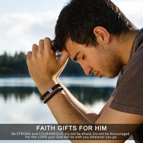 J.Endéar Men's Cross Obsidian Bead Bracelet Set, Handmade Adjustable Rope Bracelets for Baptism, Birthday Christian Religious Gifts Jewelry for Him(7"-9") in Saudi Arabia