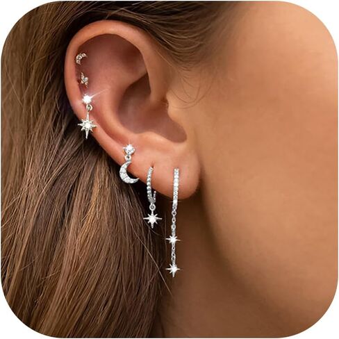 6Pcs/6Pairs 14K Gold Earrings Set for Women Moon Star Hoop Dainty Earrings Stackable Cubic Zirconia CZ Chain Drop Dangle Earrings Stacks for Multiple Piercing in Saudi Arabia
