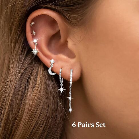 6Pcs/6Pairs 14K Gold Earrings Set for Women Moon Star Hoop Dainty Earrings Stackable Cubic Zirconia CZ Chain Drop Dangle Earrings Stacks for Multiple Piercing in Saudi Arabia