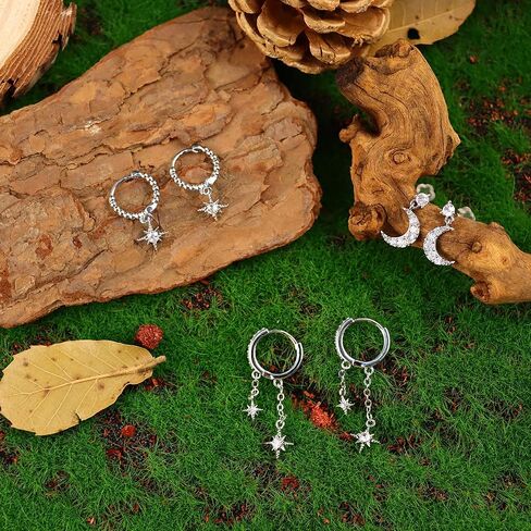 6Pcs/6Pairs 14K Gold Earrings Set for Women Moon Star Hoop Dainty Earrings Stackable Cubic Zirconia CZ Chain Drop Dangle Earrings Stacks for Multiple Piercing in Saudi Arabia