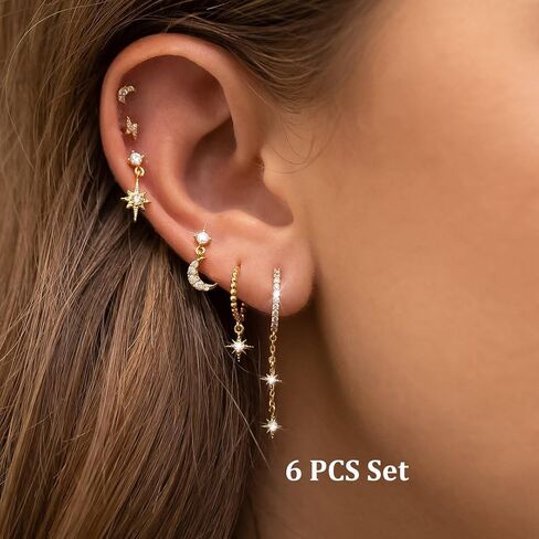 6Pcs/6Pairs 14K Gold Earrings Set for Women Moon Star Hoop Dainty Earrings Stackable Cubic Zirconia CZ Chain Drop Dangle Earrings Stacks for Multiple Piercing in Saudi Arabia