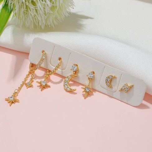 6Pcs/6Pairs 14K Gold Earrings Set for Women Moon Star Hoop Dainty Earrings Stackable Cubic Zirconia CZ Chain Drop Dangle Earrings Stacks for Multiple Piercing in Saudi Arabia