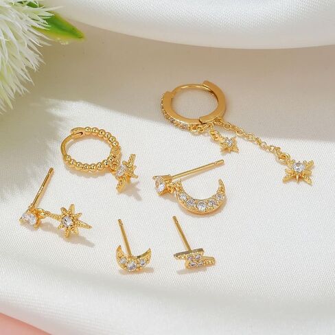 6Pcs/6Pairs 14K Gold Earrings Set for Women Moon Star Hoop Dainty Earrings Stackable Cubic Zirconia CZ Chain Drop Dangle Earrings Stacks for Multiple Piercing in Saudi Arabia