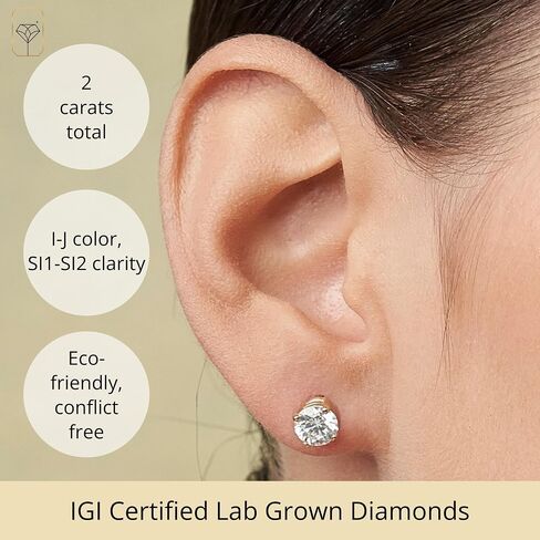 1/4-2 Carat IGI Certified Lab Grown Diamond Stud Earrings | Solitaire Real Diamonds Earring for Women in I-J Color & SI1-SI2 Clarity | 14K Gold Diamond Studs with Secure Backs by MAX + STONE in Kuwait