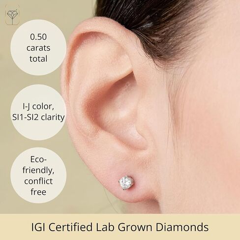 1/4-2 Carat IGI Certified Lab Grown Diamond Stud Earrings | Solitaire Real Diamonds Earring for Women in I-J Color & SI1-SI2 Clarity | 14K Gold Diamond Studs with Secure Backs by MAX + STONE in Kuwait