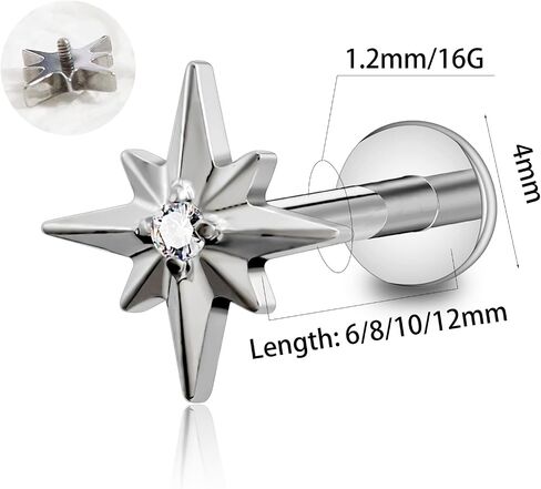 1 Pc G23 TItanium 16G North Star Top Press Fit Threadless Push Pop Piercing Lip Stud Earring Labret Monroe Lip Ring Tragus Cartilage Eyebrows Earring Stud Bar Length 6mm/8mm/10mm/12mm in Kuwait