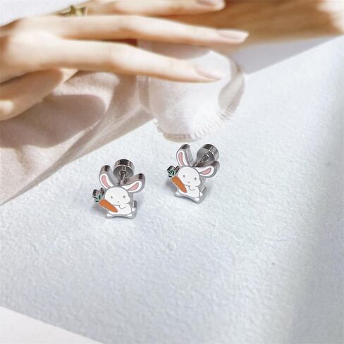 20G Rabbit Small Stud Earrings for Women Dainty Enamel Animal Cartilage Tiny Flat Screw Back Stainless Steel Hypoallergenic Studs Minimalist Comfort Fit Tragus Helix Piercing Earring Birthday Party Easter Day Gift in Saudi Arabia