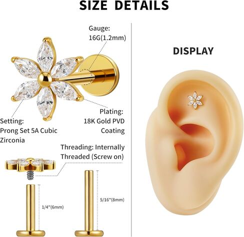 Fine4U ASTM F136 Titanium Flower Conch Helix Tragus مجوهرات ثقب مسطحة مع 16G 6MM 8MM in Kuwait