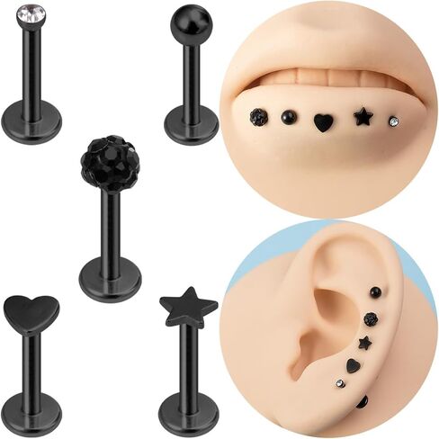 5Pcs 16G Stainless Steel Lip Rings Cartilage Stud Earrings Star Heart Round CZ Lip Studs Conch Helix Tragus Studs Earrings Medusa Piercing Jewelry for Women in Saudi Arabia