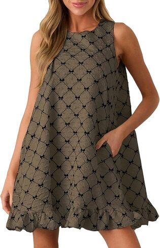 Women's Sleeveless Bow Mini Dress Crewneck Ruffle Hen Bow Print Cute Babydoll Dress in Kuwait