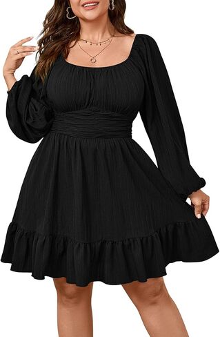 Womens Plus Size Dress Casual Long Lantern Sleeve Square Neck Textured Ruffle Flowy Ruched A-Line Mini Dresses for Women in Saudi Arabia