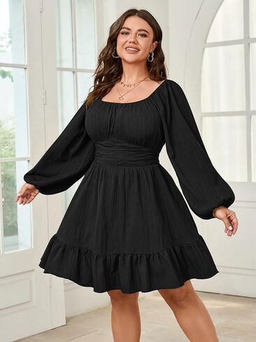 Womens Plus Size Dress Casual Long Lantern Sleeve Square Neck Textured Ruffle Flowy Ruched A-Line Mini Dresses for Women in Saudi Arabia